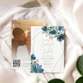 Invitación Elegante oro azul Floral Watercolor QR Boda