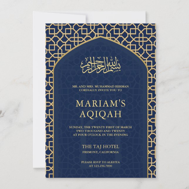 Invitación Elegante oro azul islámico Mihrab Aqiqah (Anverso)