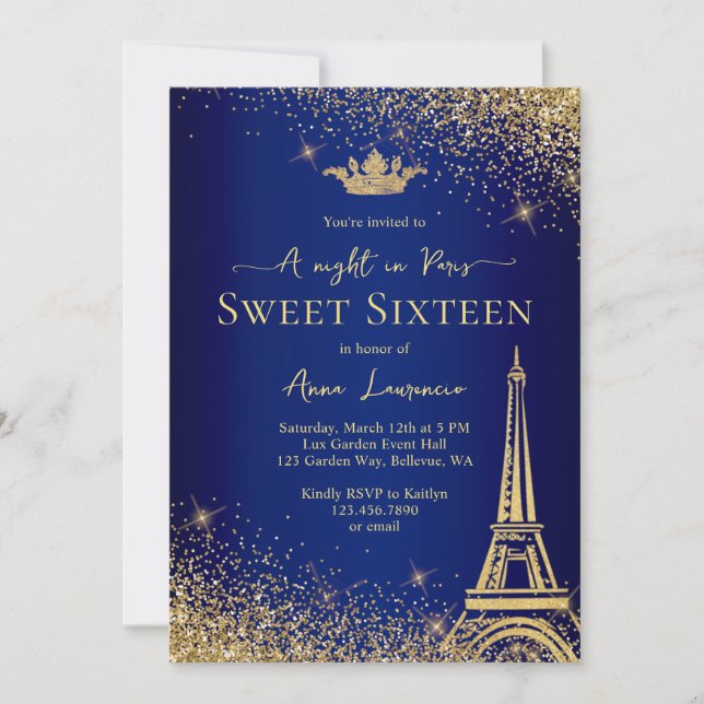 Invitación Elegante Oro Azul París Noche Temática Dulce 16 (Anverso)