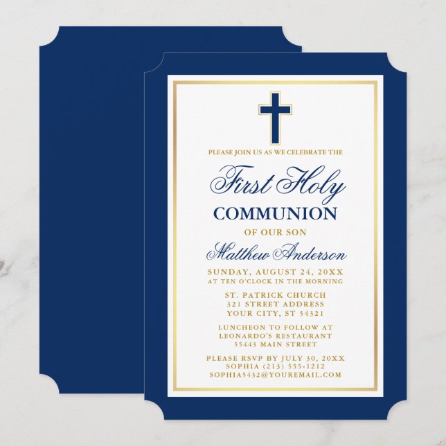 Invitación Elegante Oro Azul Primera Santa Comunión (Anverso / Reverso)