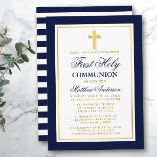 Invitación Elegante Oro Azul Primero Santa Comunión A Rayas