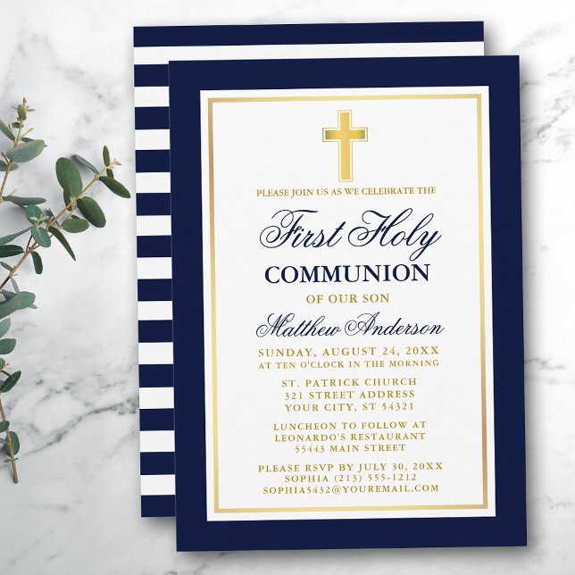 Invitación Elegante Oro Azul Primero Santa Comunión A Rayas (Customize to change text size, color or text style.)
