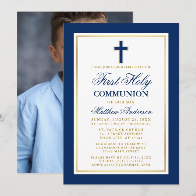 Invitación Elegante Oro Azul Primero Santa Comunión Foto (Anverso / Reverso)