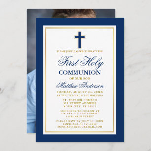 Invitación Elegante Oro Azul Primero Santa Comunión Foto