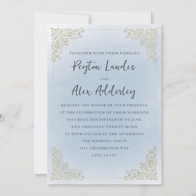 Invitación Elegante oro azul turbio (Anverso)