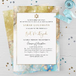 Invitación Elegante oro azul y plata bate celeste Mitzvah<br><div class="desc">¡Deleitados amigos y familia con esta bella y elegante invitación a Bat Mitzvah! Diseño con una delicada acuarela y fondo celestial de tinta en tonos azul, agua, oro y plata con brillantes estrellas delgadas y especkles de oro. ¡Posibilidad de añadir tu ceremonia y recepción, almuerzo, cena o detalles fiestas! Ideal...</div>