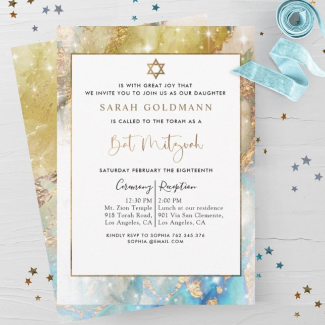 Invitación Elegante oro azul y plata bate celeste Mitzvah (Subido por el creador)