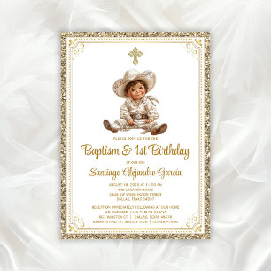 Invitación Elegante Oro Bebé Charro Bautizo y Cumpleaños 