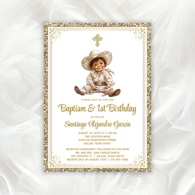 Invitación Elegante Oro Bebé Charro Bautizo y Cumpleaños  (Cute baby charro baptism invitation. You can change all text as needed for your event. )