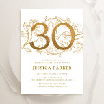 Invitación Elegante Oro Blanco 30 cumpleaños<br><div class="desc">Elegante invitación a la fiesta de cumpleaños número 30 de color blanco dorado. Diseño femenino moderno de personalizable con acentos botánicos rosas y oro falso purpurina. Sencilla tarjeta de invitación floral perfecta para una elegante celebración de cumpleaños femenina. Personaliza con tus propios detalles. Invitaciones Zazzle impresas o una plantilla imprimible...</div>