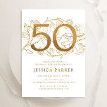 Invitación Elegante Oro Blanco 50 cumpleaños<br><div class="desc">Elegante invitación a la fiesta de cumpleaños número 50 de color blanco dorado. Diseño femenino moderno de personalizable con acentos botánicos rosas y oro falso purpurina. Sencilla tarjeta de invitación floral perfecta para una elegante celebración de cumpleaños femenina. Personaliza con tus propios detalles. Invitaciones Zazzle impresas o una plantilla imprimible...</div>