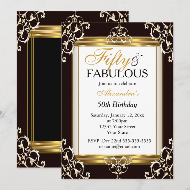 Invitación Elegante oro blanco negro 50 cumpleaños fabuloso (Anverso / Reverso)