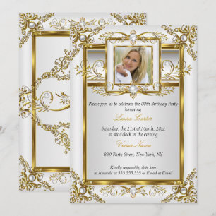 Invitación Elegante Oro Blanco Perla Damask Foto Cumpleaños 4