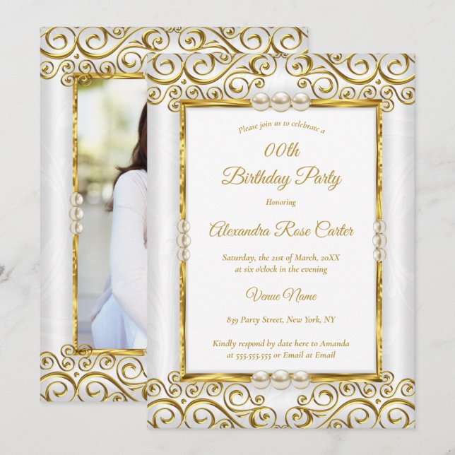 Invitación Elegante Oro Blanco Perla Foto Fiesta de Cumpleaño (Anverso / Reverso)
