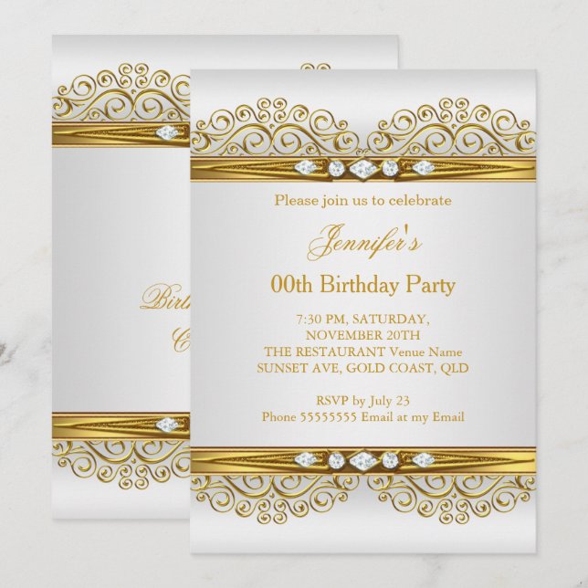 Invitación Elegante Oro Blanco Plata Cumpleaños Fiesta 2 (Anverso / Reverso)