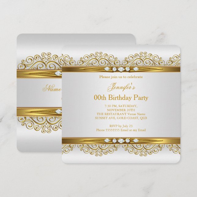 Invitación Elegante Oro Blanco Plata Cumpleaños Fiesta de Dia (Anverso / Reverso)