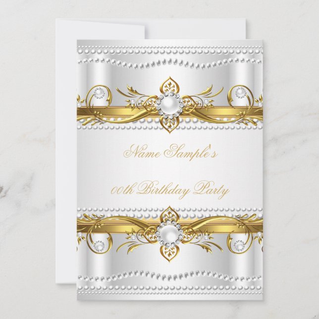 Invitación Elegante Oro Blanco Plata Perla Seda Cumpleaños (Anverso)