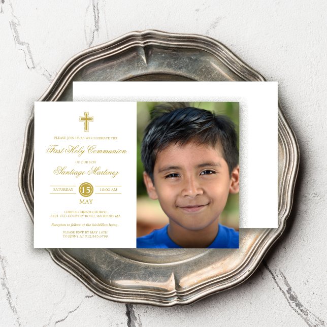 Invitación Elegante Oro Blanco Primer Niño Comunista Foto (Subido por el creador)