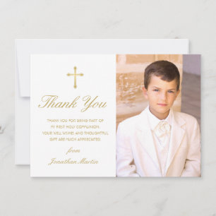 Invitación Elegante Oro Blanco Primera Comunión Foto Agradeci
