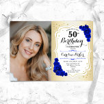 Invitación Elegante oro blanco real azul foto 50 cumpleaños<br><div class="desc">Elegante invitación de 50 años floral femenina con tu foto. Diseño de vidrio con oro falso. Presenta rosas de color azul real, fuente de escritura y confeti. Perfecto para un elegante fiesta de celebración de cumpleaños. Personaliza con tus propios detalles. ¡Se puede personalizar para cualquier edad! Invitaciones Zazzle impresas o...</div>