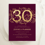 Invitación Elegante Oro Borgoña 30 cumpleaños<br><div class="desc">Elegante invitación a la fiesta de cumpleaños 30 de oro burdeos. Diseño de personalizable de marsala roja oscura con acentos botánicos rosas y tipografía de escritura. Sencilla tarjeta de invitación floral perfecta para una elegante celebración de cumpleaños femenina. Personaliza con tus propios detalles. Invitaciones Zazzle impresas o una plantilla imprimible...</div>