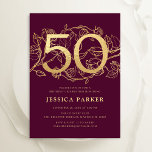 Invitación Elegante Oro Borgoña 50 cumpleaños<br><div class="desc">Elegante invitación a la fiesta de cumpleaños 50 de oro burdeos. Diseño de personalizable de marsala roja oscura con acentos botánicos rosas y tipografía de escritura. Sencilla tarjeta de invitación floral perfecta para una elegante celebración de cumpleaños femenina. Personaliza con tus propios detalles. Invitaciones Zazzle impresas o una plantilla imprimible...</div>