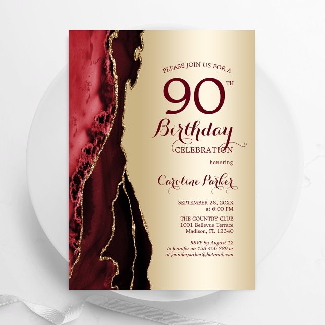 Invitación Elegante Oro Borgoña Agate Rojo 90 cumpleaños (Subido por el creador)
