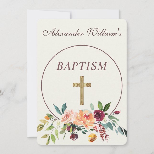 Invitación Elegante oro Borgoña Floral Baby Christening (Anverso)