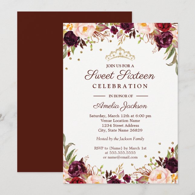 Invitación Elegante Oro Borgoña Floral Dulces Dieciséis (Anverso / Reverso)