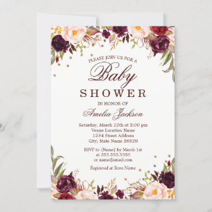 Invitación Elegante oro burdeos floral baby shower