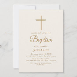 Invitación Elegante Oro Caligrafía Crema Cruz Bautizo