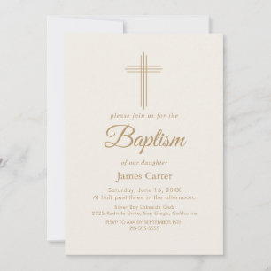 Invitación Elegante Oro Caligrafía Crema Cruz Bautizo 