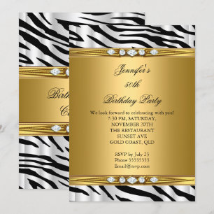 Invitación Elegante Oro Cebra Negro Plata Cumpleaños Diamante