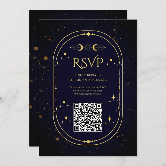 Invitación Elegante Oro Celestial Luna Azul Oscuro RSVP (Anverso / Reverso)