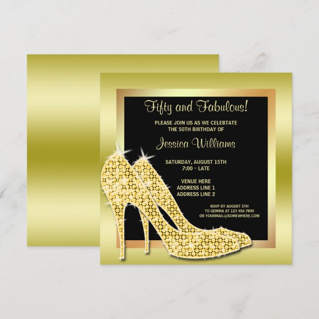 Invitación Elegante Oro Cincuenta y Fabulosa Fiesta de Cumple (Anverso / Reverso)