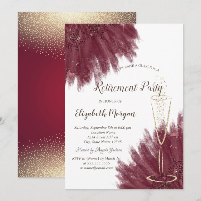 Invitación Elegante oro Confetti Vino Vidrio Borgoña (Anverso / Reverso)