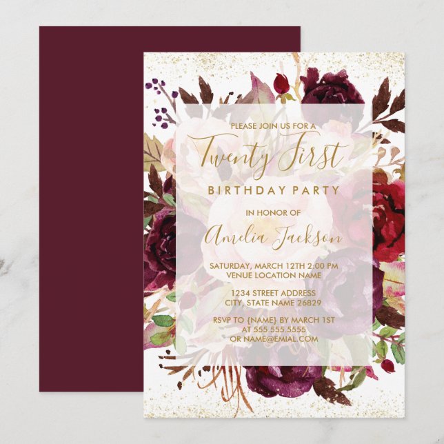 Invitación Elegante oro de Borgoña 21 cumpleaños (Anverso / Reverso)