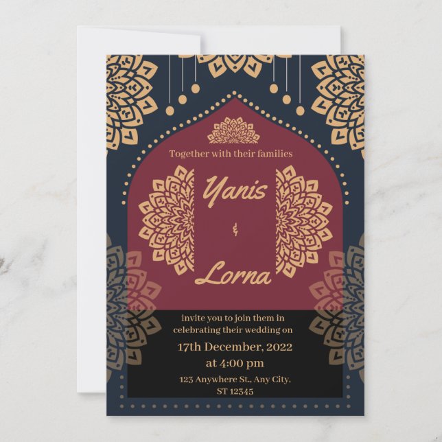 Invitación ELEGANTE ORO DE Borgoña CLÁSICO MANDALA BODA INV (Anverso)