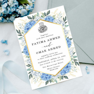 Invitación Elegante oro deja Boda musulmán floral azul