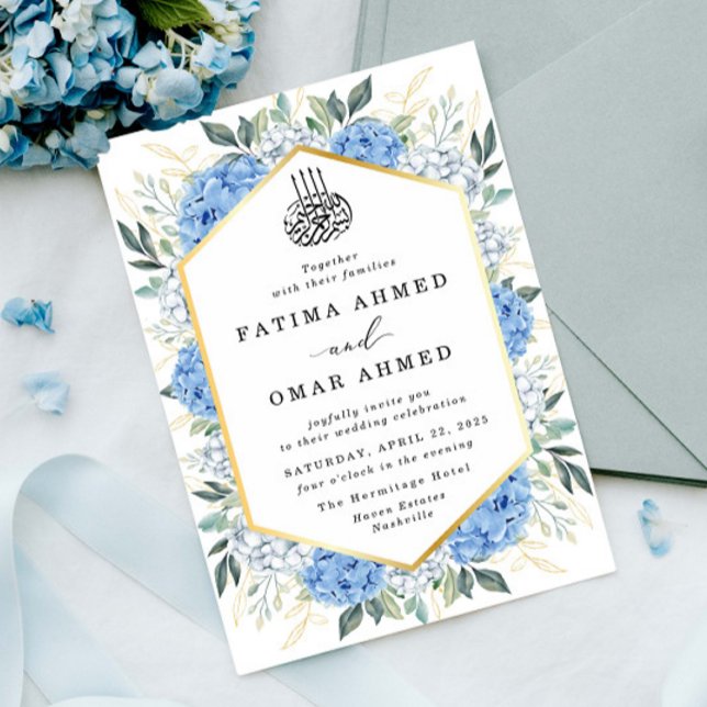 Invitación Elegante oro deja Boda musulmán floral azul (Subido por el creador)
