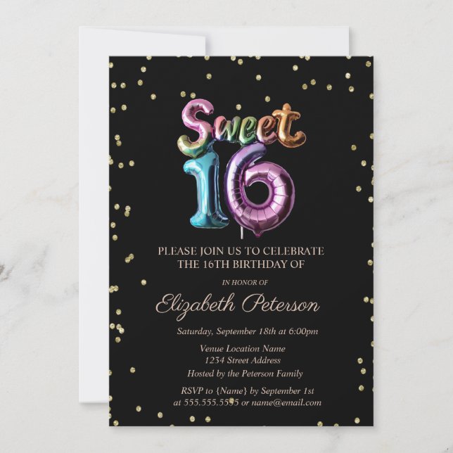 Invitación Elegante oro Diamantes Black Balloon Sweet 16 (Anverso)
