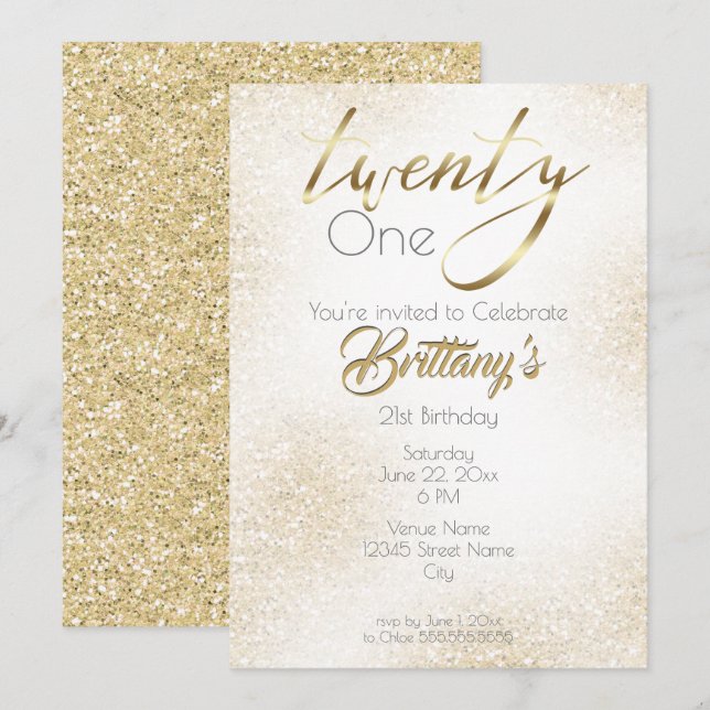 Invitación Elegante oro en Purpurina de oro y caligrafía 21 (Anverso / Reverso)