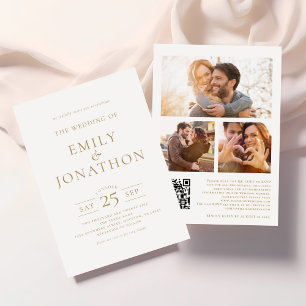 Invitación Elegante Oro Escribiendo 3 Fotos Boda de código QR