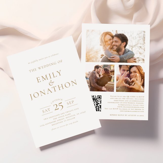 Invitación Elegante Oro Escribiendo 3 Fotos Boda de código QR (Front and back)