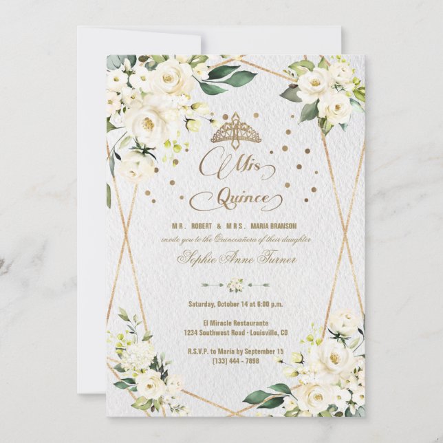 Invitación Elegante oro floral blanco mis cinco quinceañeras (Anverso)