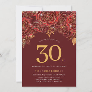 Invitación Elegante oro floral Borgoña 30 cumpleaños