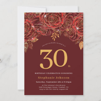 Invitación Elegante oro floral Borgoña 30 cumpleaños