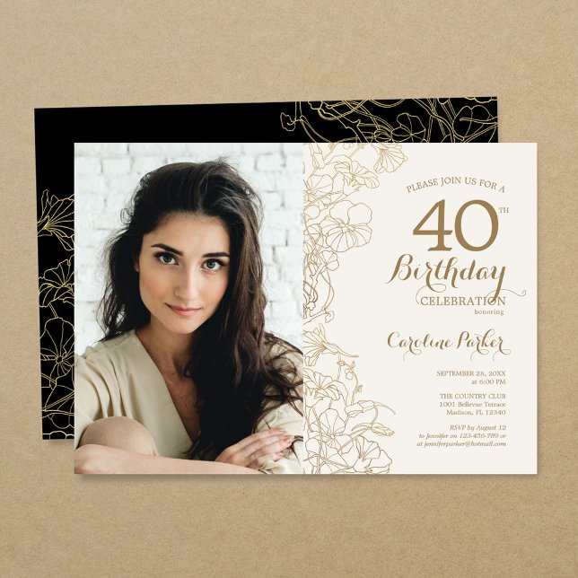 Invitación Elegante Oro Floral Negra Foto 40 cumpleaños (Subido por el creador)