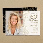 Invitación Elegante Oro Floral Negra Foto 60 cumpleaños<br><div class="desc">Invitación a la fiesta de cumpleaños número 60 con flores de oro con tu foto en la parte delantera de la tarjeta. Diseño moderno minimalista con dibujos botánicos de contorno acentos, Relieve metalizado de oro falso y tipo de letra de escritura tipográfica. Sencilla carta de invitación a la moda, perfecta...</div>