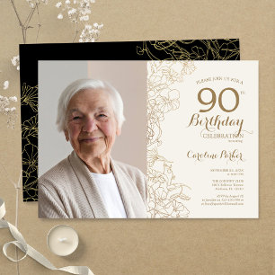 Invitación Elegante Oro Floral Negra Foto 90 cumpleaños